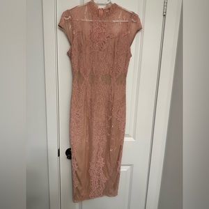 Mendocino - soft pink midi lace dress, with nude under layer